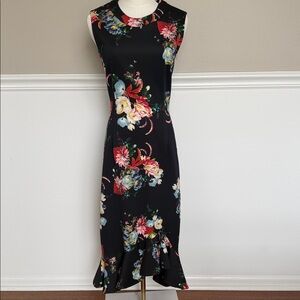 ERDEM Black Sleeveless Floral Midi Dress with Ruffle Hem